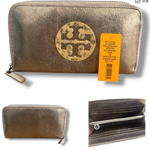 Tory Burch Metallic Silver-Gold Zip Wallet with Logo Medallion